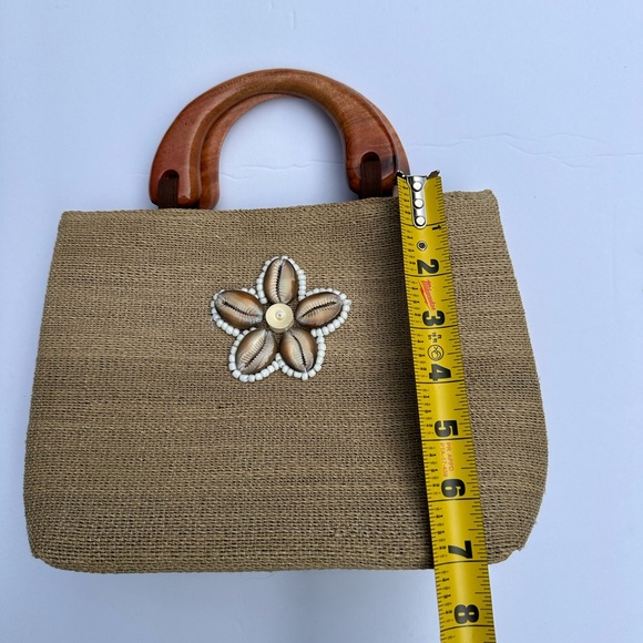 Vintage - Beaded Shell Woven Jute Purse / Handbag Wood Natural Fiber Puka Bamboo - Picture 11 of 13